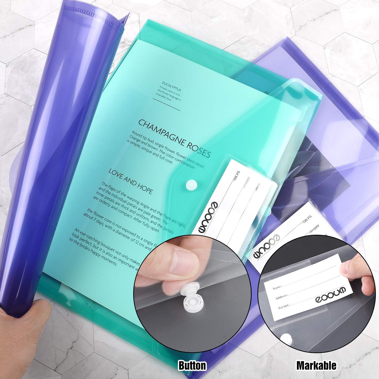 EOOUT 12pcs Plastic Envelopes Poly Envelopes, Transparent File Folders with Label Pocket Snap Closure, Letter Size A4, Assorted Colors, for School Home Office Supplies