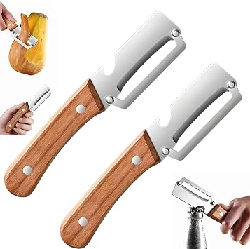 Wooden Peeler, Multifunctional Vegetable Peeler, Premium Stainless Steel Grade Fruit and Vegetable Peeler for Kitchen, Fruit, Apple, Potato, Pumpkin, Papaya, Zucchini 2Pcs