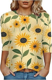 Camiseta de cuello redondo con estampado de girasol para mujer, manga 3/4, cuello redondo, color amarillo