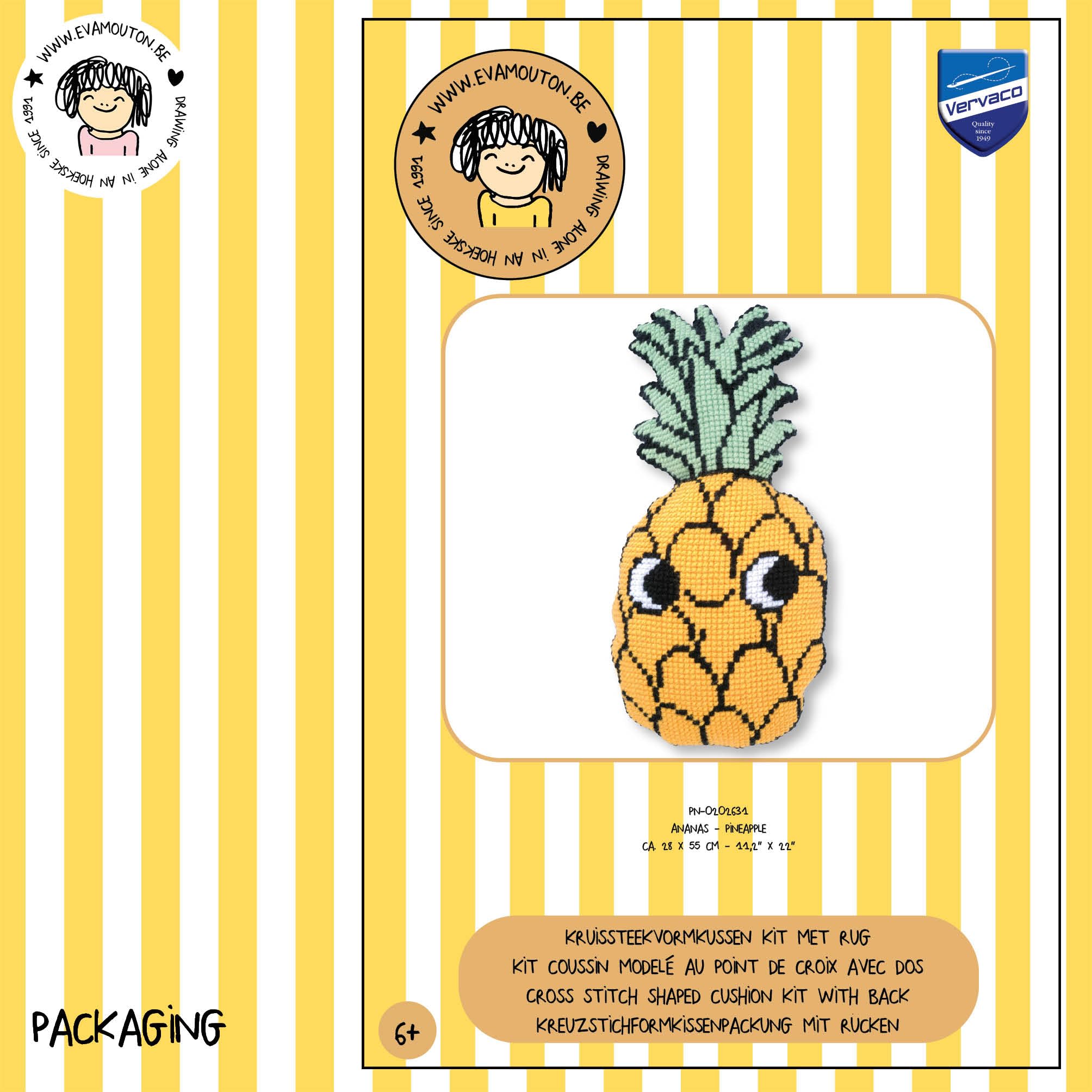 Vervaco Kreuzstich Stickpackungen Kissen Stickerei Set mit Kissenrücken Anfänger Vorgedruckt Ananas DIY Set Kreativ Set Für Erwachseneca. 28 x 55 cm Bastelset Handwerker Haus Dekoration