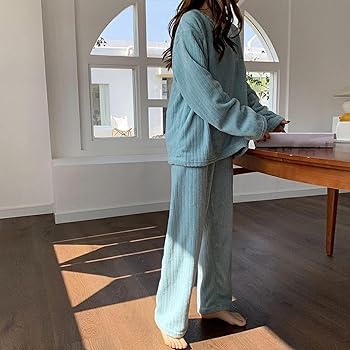 Damen Pyjama Set Langarm - Zweiteiliger Schlafanzug Mit Karierter Hose