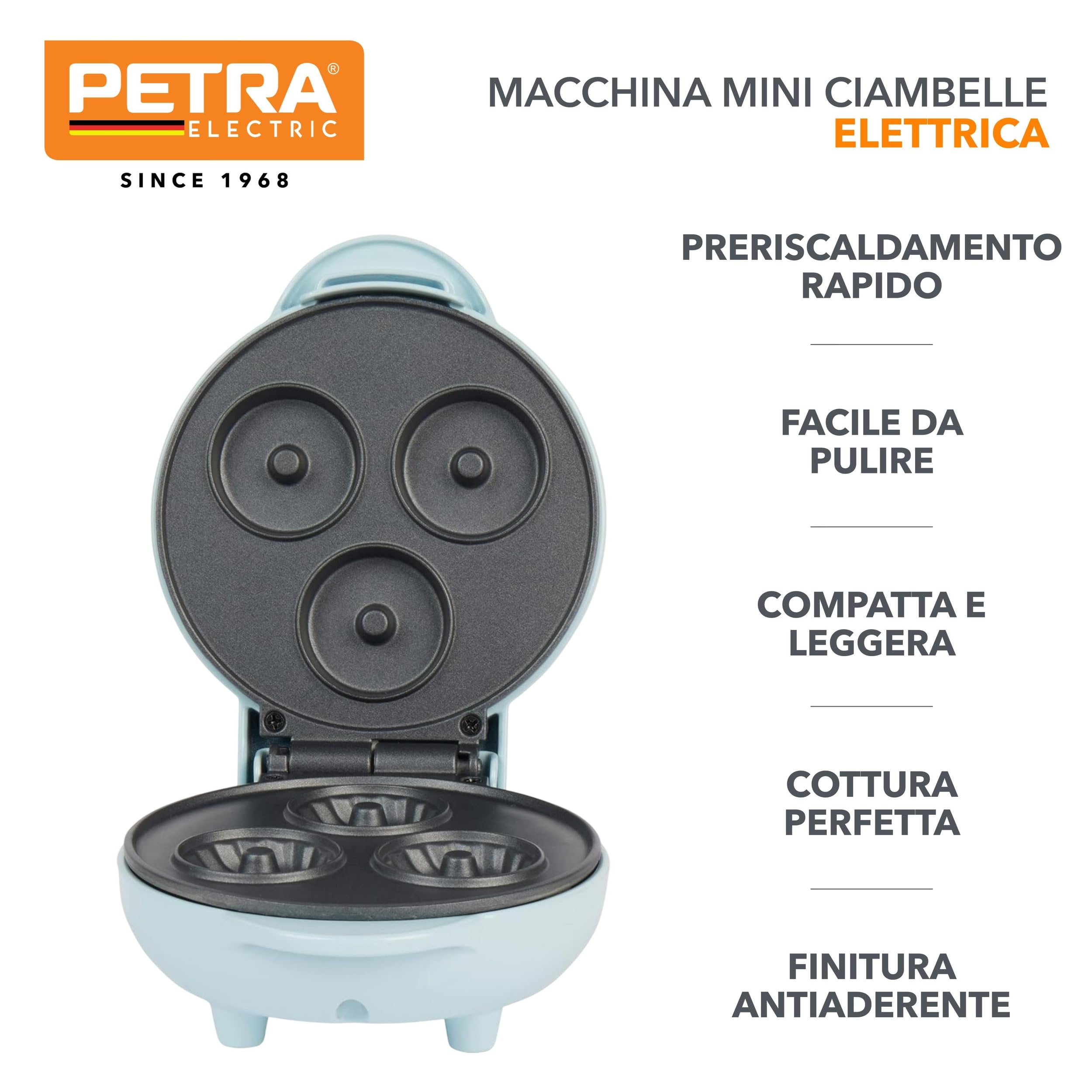 Petra PT4693BLNVDE - Macchina per mini ciambelle, elettrica e antiaderente, piastra da 12,5 cm, preriscaldamento circa 2 minuti, facile pulizia, 3 ciambelle per volta, compatta, 550 W, blu pastello