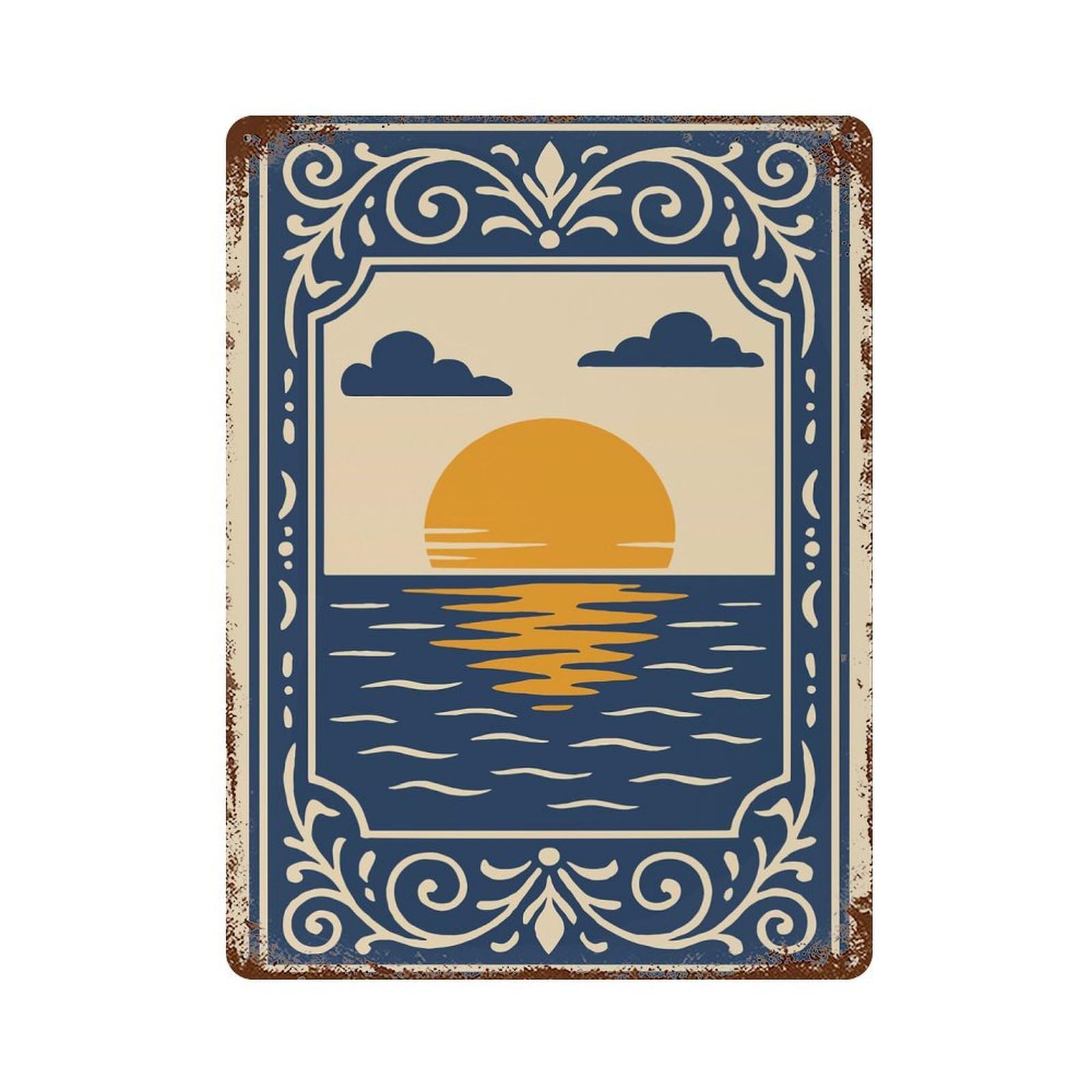 Sunset over The Ocean Illustration Rust Effect Tin Sign 15.7"x11.8", Vintage Wall Decor for Garage, Pub Or Kitchen