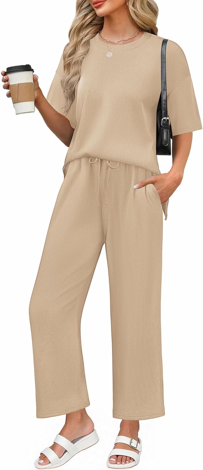 Ekouaer Pajamas for Women Ribbed Knit Lounge Set Short Sleeve Loungewear 2 Piece Outfits Pants Sets S-XXL