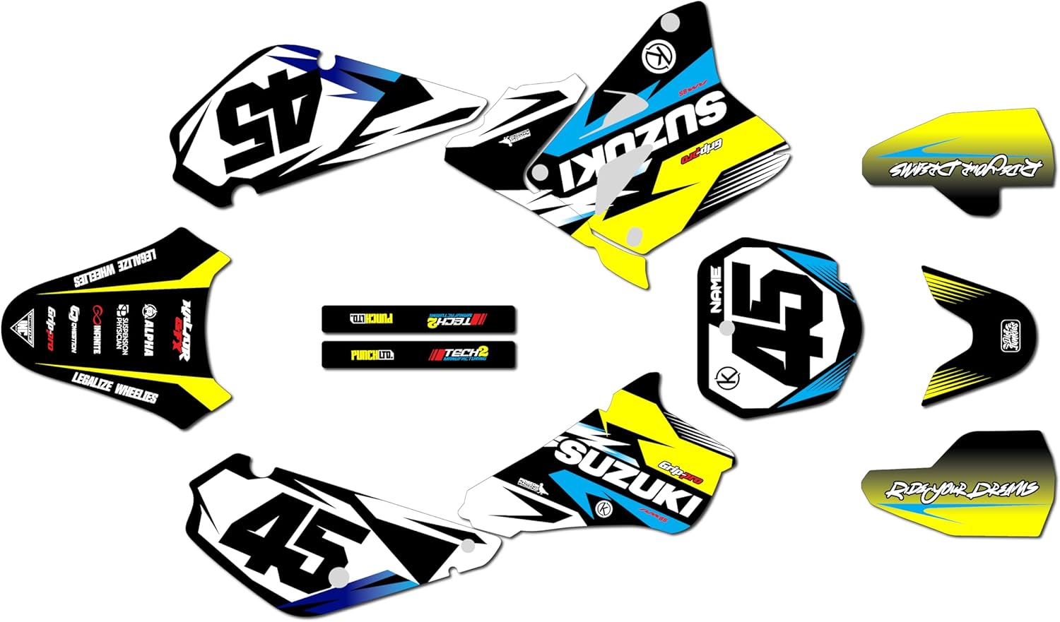 Graphics Kit for Suzuki RM85 (2001+) Division Series Yellow 9 Mil - Easy Go - Dirt Pit Bike Motorcycle Stickers, Dirtbike Racing Automotive Decal Motocross Accessories no-Plastics