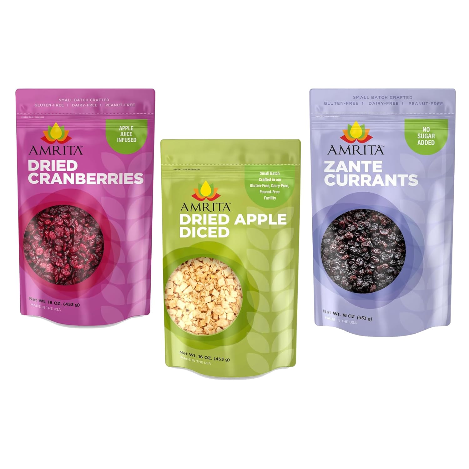 Amrita Dried Apples Diced (1lb) + Zante Black Dried Currants (1lb) + Dry Cranberries | Naturally Sweet, Gluten-Free, Vegan Dried Fruit Mix | Non-GMO, Peanut-Free, Soy-Free Snack