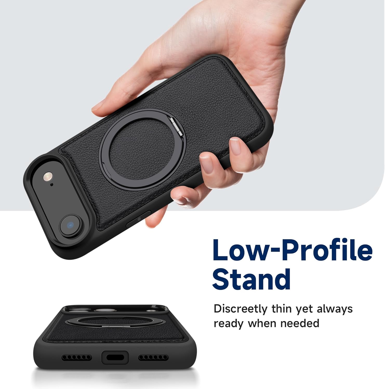 Case for iPhone 17 Air with 360° Rotatable Metal Ring Stand, Premium Pebbled Leather, Compatible with MagSafe, Shockproof Black