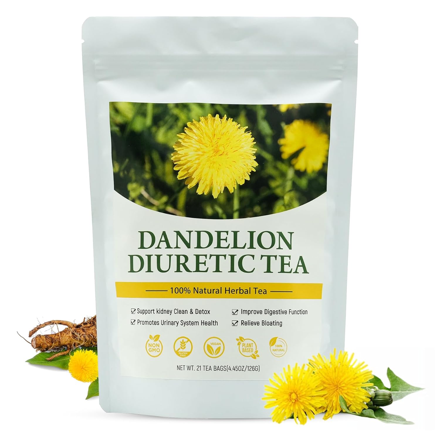 Organic Dandelion Diuretic Tea for Water Retention & Bloat, 21 Tea Bags Diuretic Water Away Dandelion Root Herbal Tea for Digestion, Liver & Kidney, Caffeine-Free