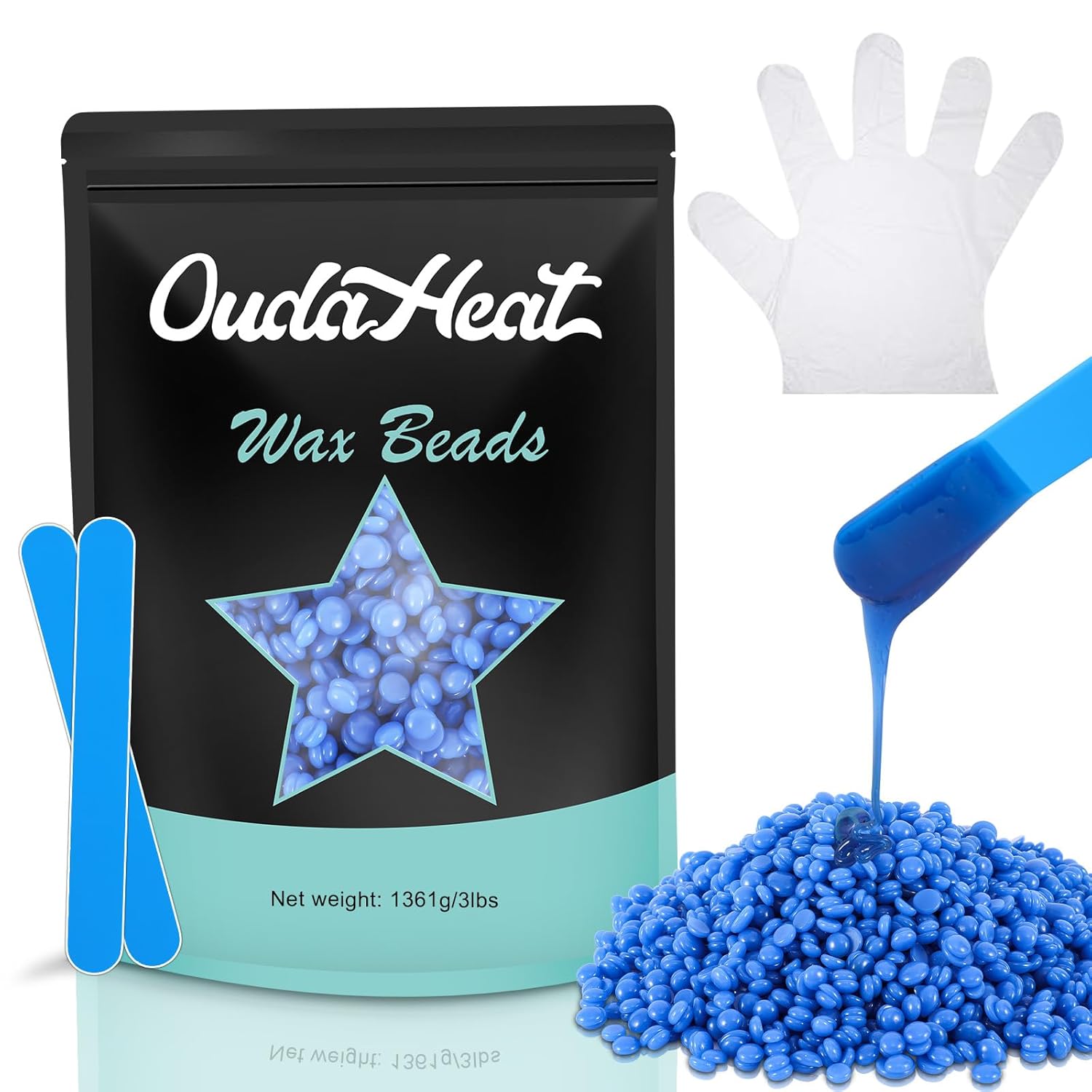 3 lb Bulk Hard Wax Beads, Rosin-Free & Hypoallergenic Formula for Sensitive Skin, Pain-Free Brazilian Hair Removal Waxing Bead for Bikini, Face, Body, Salons Wax Beans Supply, 5 Silicone Sticks