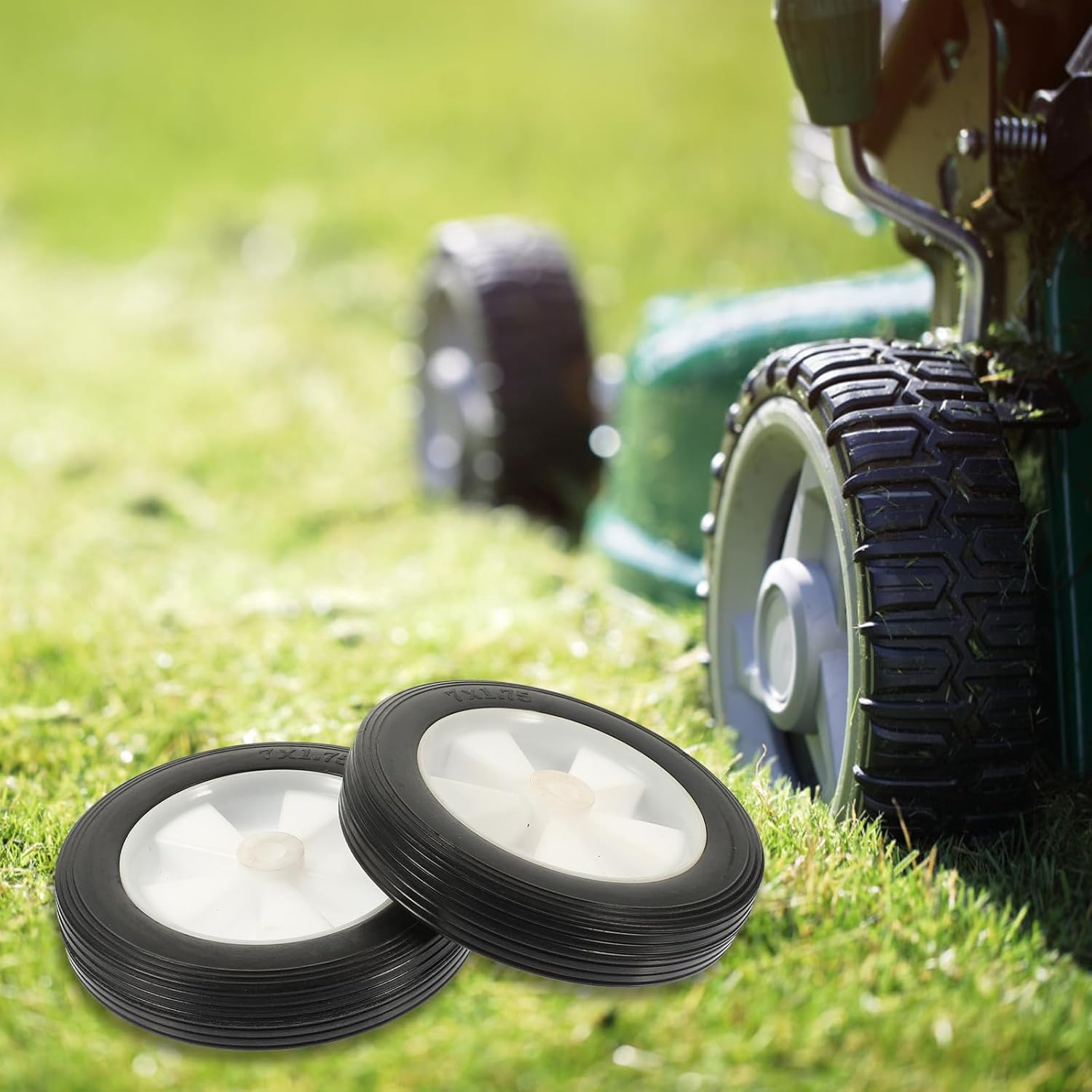 Silent Solid Rubber Mower Wheels 7-inch Replacement Casters for Lawn Mower, Outdoor Cart, Bbq Grill 2 Pieces Sturdy Garden Trolley Wheel Accessories
