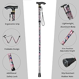 CLOKTA Folding Cane, 5-Level Adjustable Height Lightweight Portable Foldable Walking Canes with Wrist Strap and T Handle for Men Women Seniors (Peony Flowers)