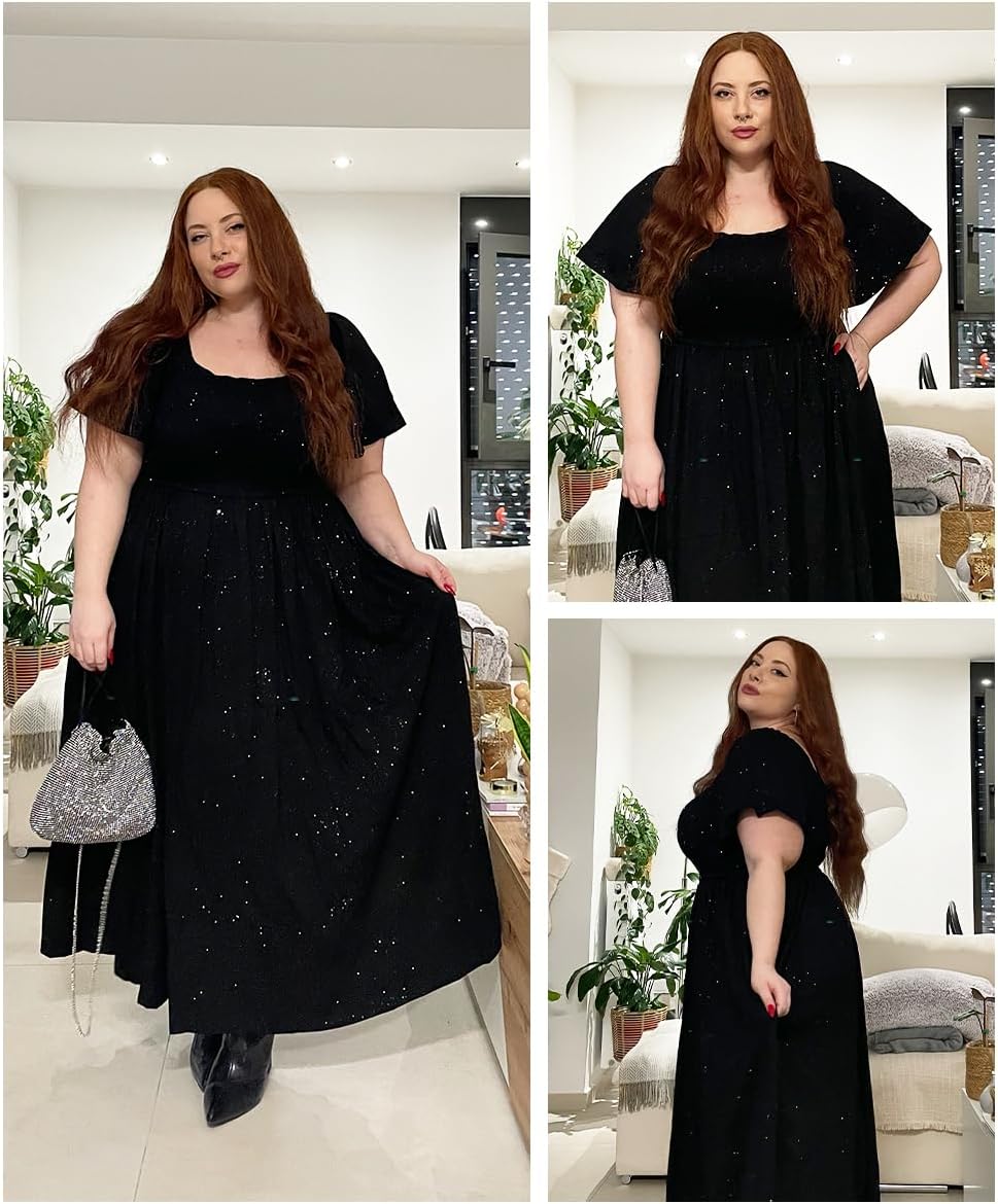 RITERA Plus Size Dresses for Curvy Women Square Neck Short Sleeve Summer Floral Smocked Maxi Dress with Pocket XL-5XL - Image 2