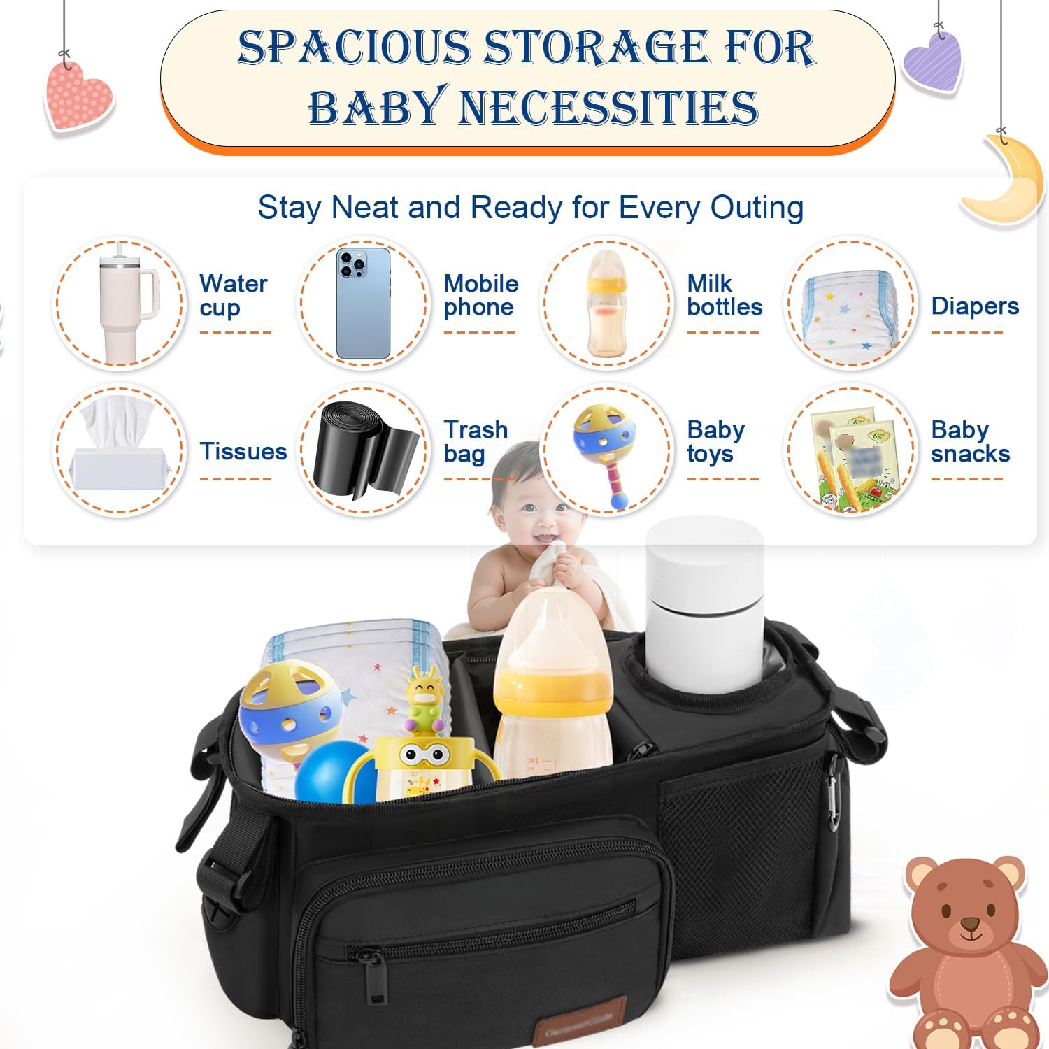 Stroller Organizer Bag with Insulated Cup Holder & Adjustable Dividers, Non-Slip Stroller Caddy with Multiple Pockets, Fits 14"-19" Handles, Water-Resistant, Black