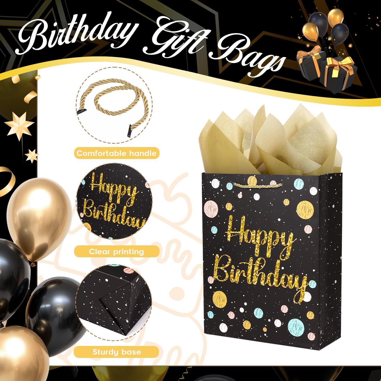 Ssyuysto 13'' Birthday Gift Bag Luxury Black and Gold Happy Birthday Gift Bags with Gold Tissue Paper Gift Tag Reinforced Handles for Women Men Kids Large Party Favor Bag for All Ages HBD Present Wrapping image 4