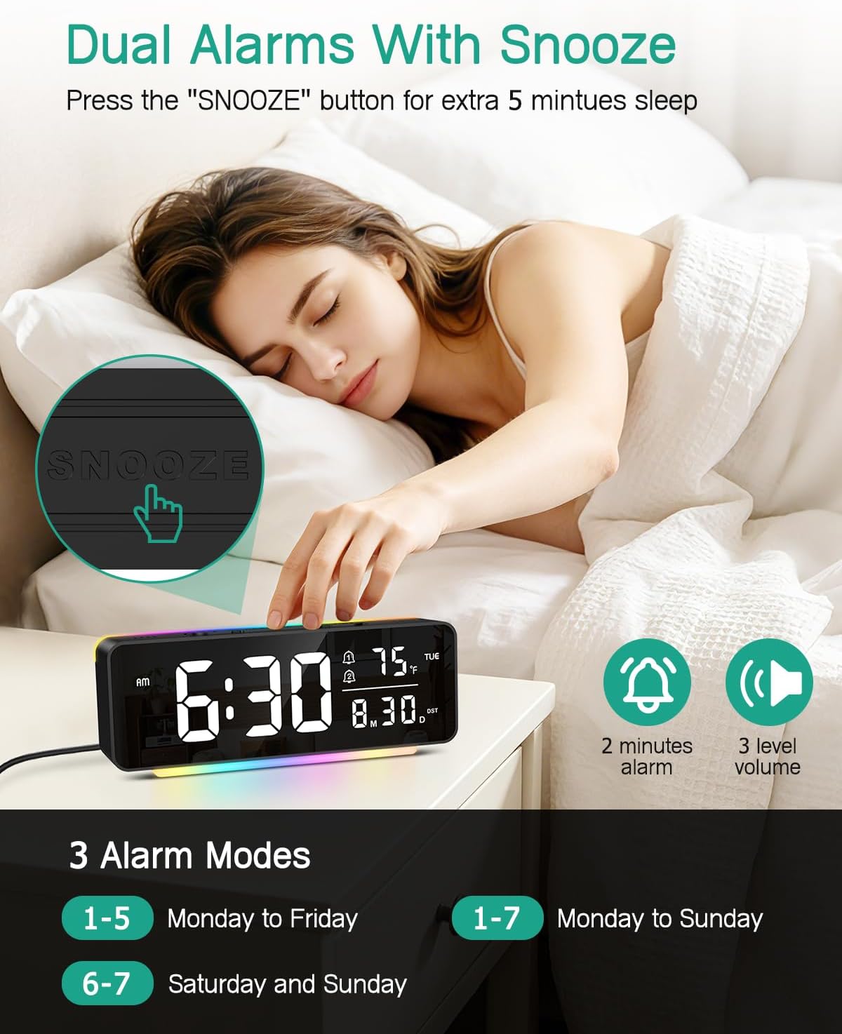 ORIA Digital Alarm Clock, 6.5" Large Display Bedside Clock, USB Desk Nightstand Clock with 11 Color Night Light, Temp Display, Dual Alarms Snooze, 5-Level Dimmer for Bedroom Office