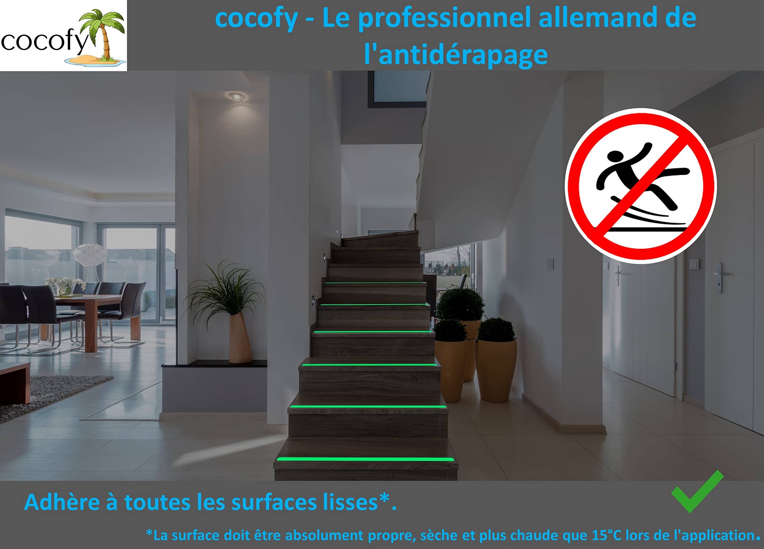 Ruban Adhésif Escalier Autocollants Fluorescents Antidérapant Escalier Brillent dans le Noir Stickers Escalier XXL (75x3 cm), pour Marches Intérieur - 18 pcs [Lancement Produit 2021]