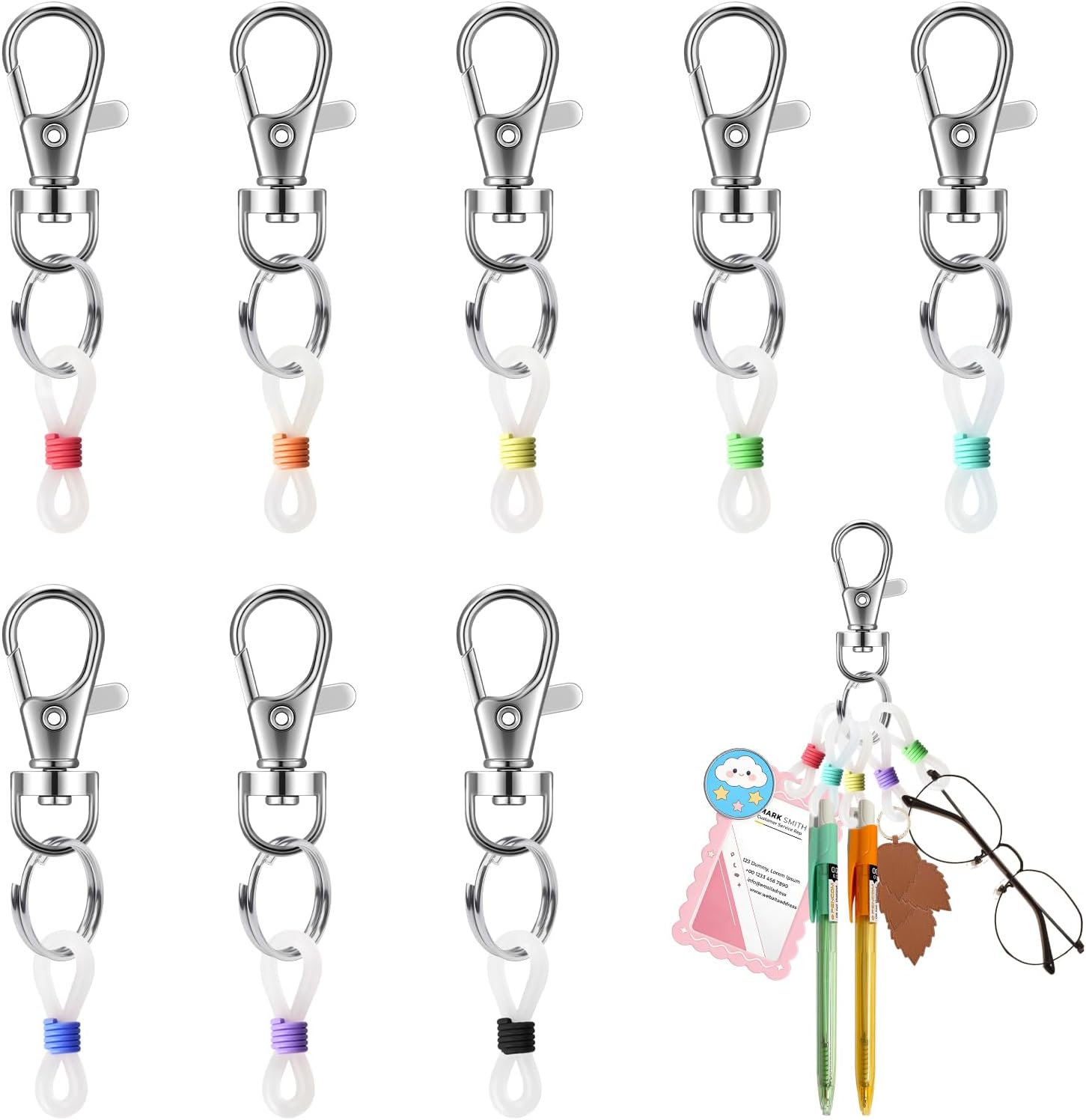 8PCS Retractable Pen Holder for Lanyard Assorted Colors Badge Reel Accessories, Mini Pen Clips with Colorful Silicone Rings and Lobster Clasps, Attachment for Nurse Teacher Student Daily Use