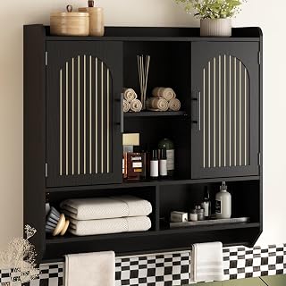 RUSTOWN Fluted Bathroom Wall Cabinet, Mid-Century Modern Medicine Cabinet with Adjustable Shelves & Towel Bar,3-Tier Wall Mounted Cabinets, Over The Toilet Storage Cabinets for Bathroom, Rustic Black