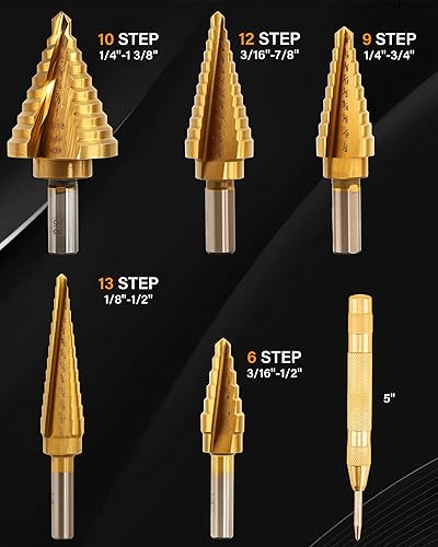 Miniatura 2 de Juego de brocas escalonadas, 6 brocas de titanio HSS con punzón central automático, 50 tamaños de broca escalonada para metal, madera con caja de