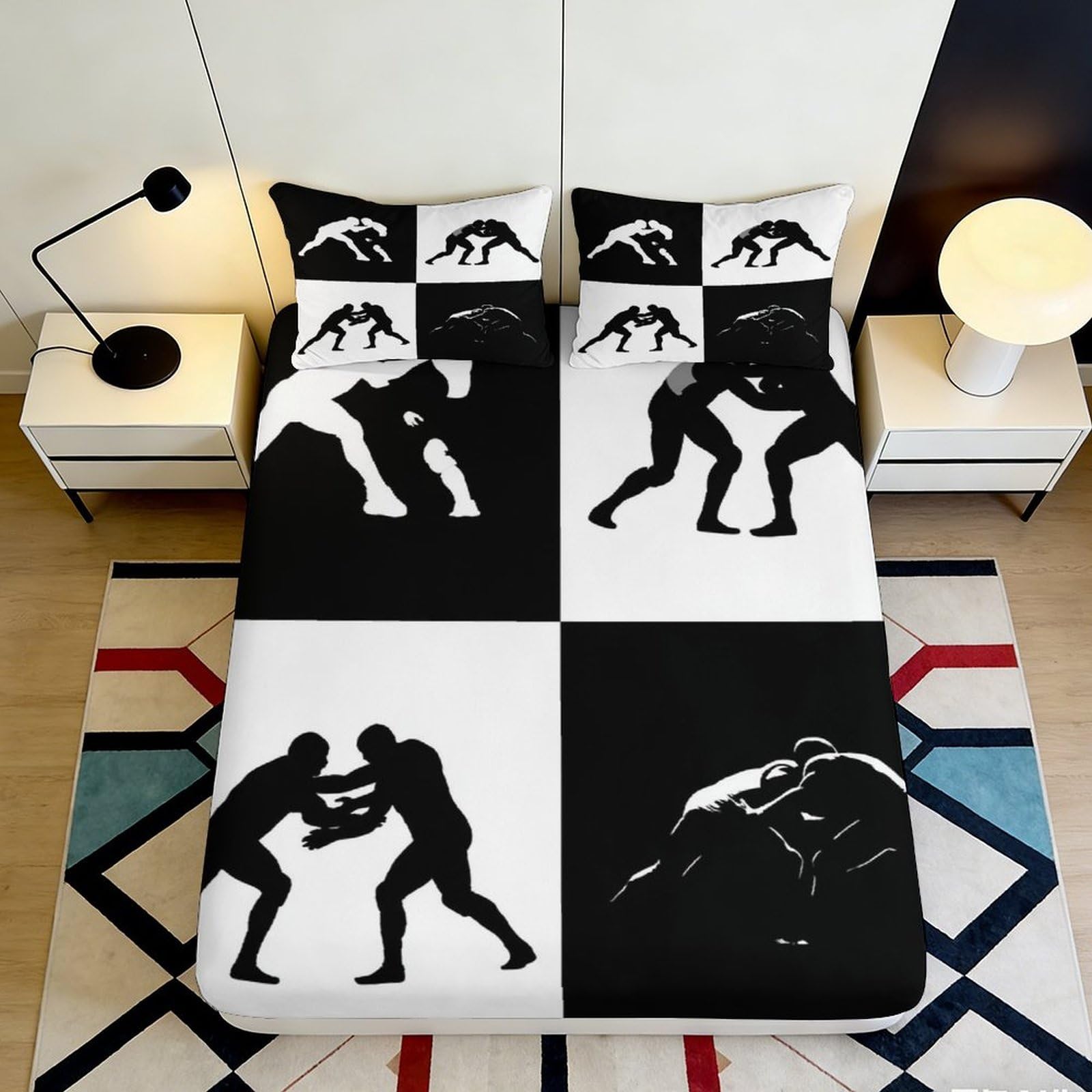 3D Printed Wrestling Silhouettes Fitted Sheet Microfiber Soft Durable 3D Printed Combat Mattress Cover for Bedroom Dormitory Guest Room Decor 120x200x25cm