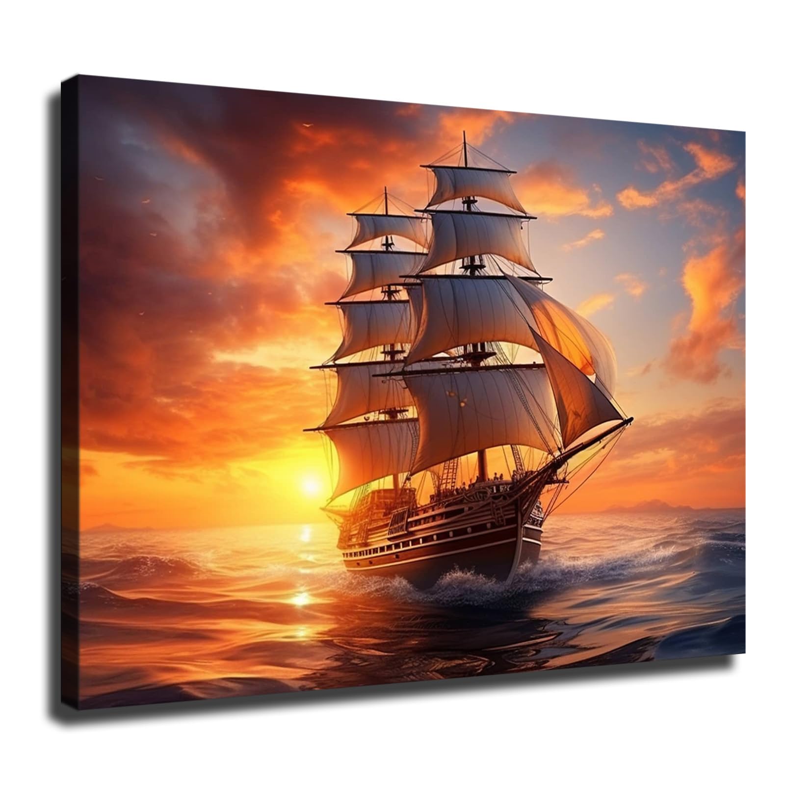 Ocean Pirate Ship Sailing on The Ocean Sunset Seascape Poster Canvas Print Painting Picture Wall Art Gift Home Corridor Bedroom Living Room Aesthetic