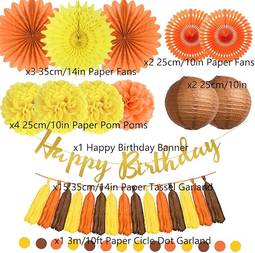 Miniatura 7 de Decoraciones de fiesta de cumpleaños de otoño, abanicos de papel naranja y amarillo, pompones de papel, faroles de papel marrón, borla de papel,