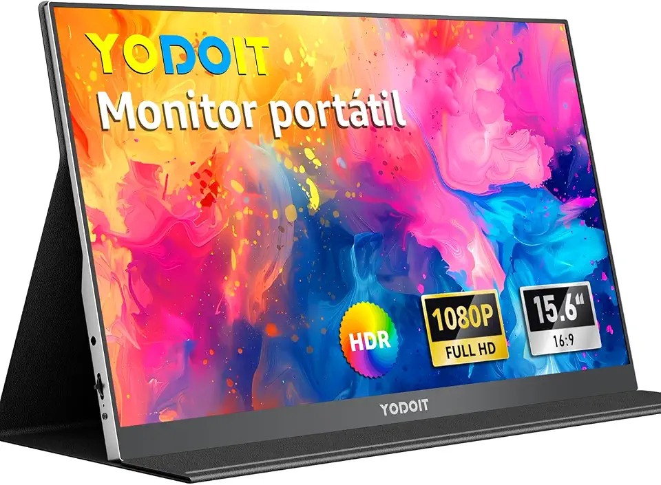 Yodoit Monitor Portátil 15,6" 1080P 100% SRGB FHD Tela com Porta USB Tipo C HDMI com Capa Inteligente Compatível com Laptop, PC, MacBook, Xbox, PS5, Phone
