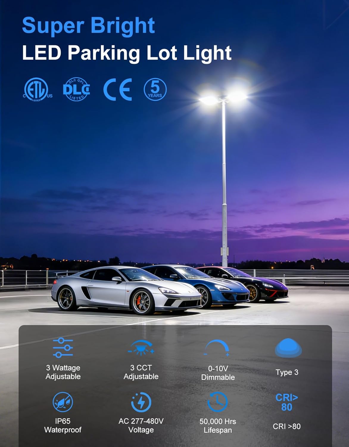 ADUB 480V LED Parking Lot Light, 200W/240W/320W selectable, 3000K-5000K CCT,0-10V dimmable,48000LM,DLC ETL Listed,Shoebox fixture with adjustable arm & slip mount,IP65 commercial lighting, AC 277-480V