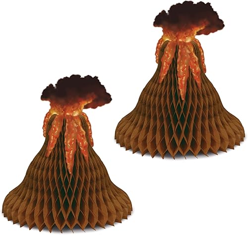 Beistle Centros de mesa de volcán de tejido de 2 piezas, decoraciones de fiesta de isla tropical, decoración de fiesta de dinosaurios, accesorios de