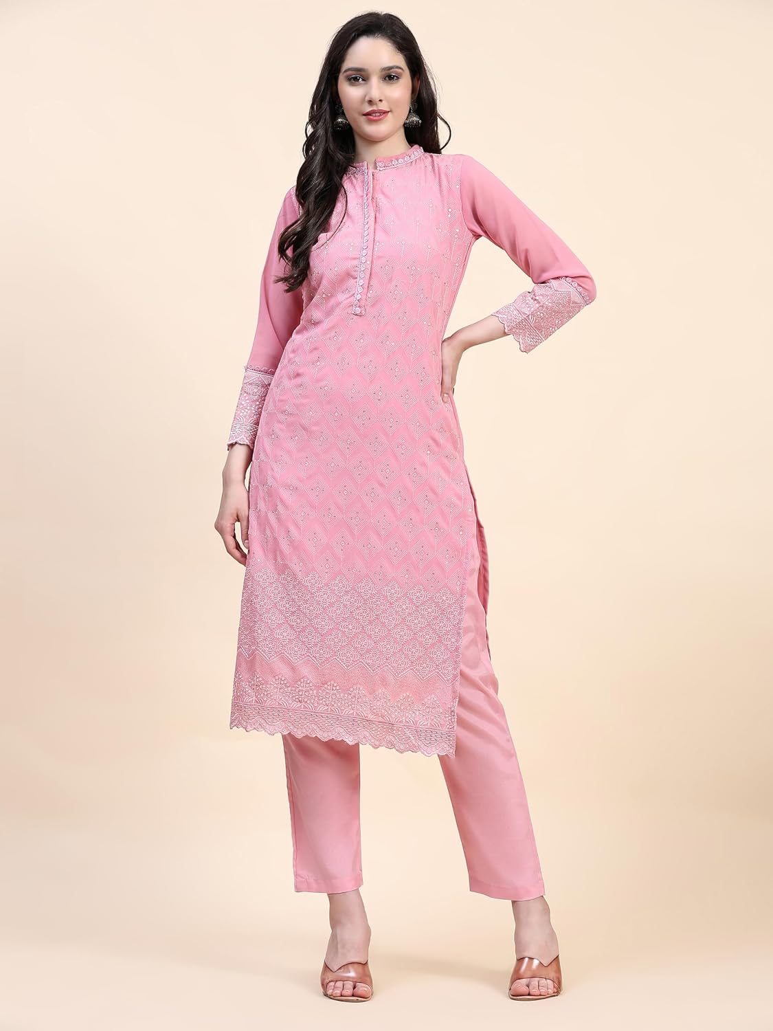 TRENDMALLS Women's Georgette Embroidery Salwar Suit Set Kurta Pant with Dupatta (G157-LightPink-M)