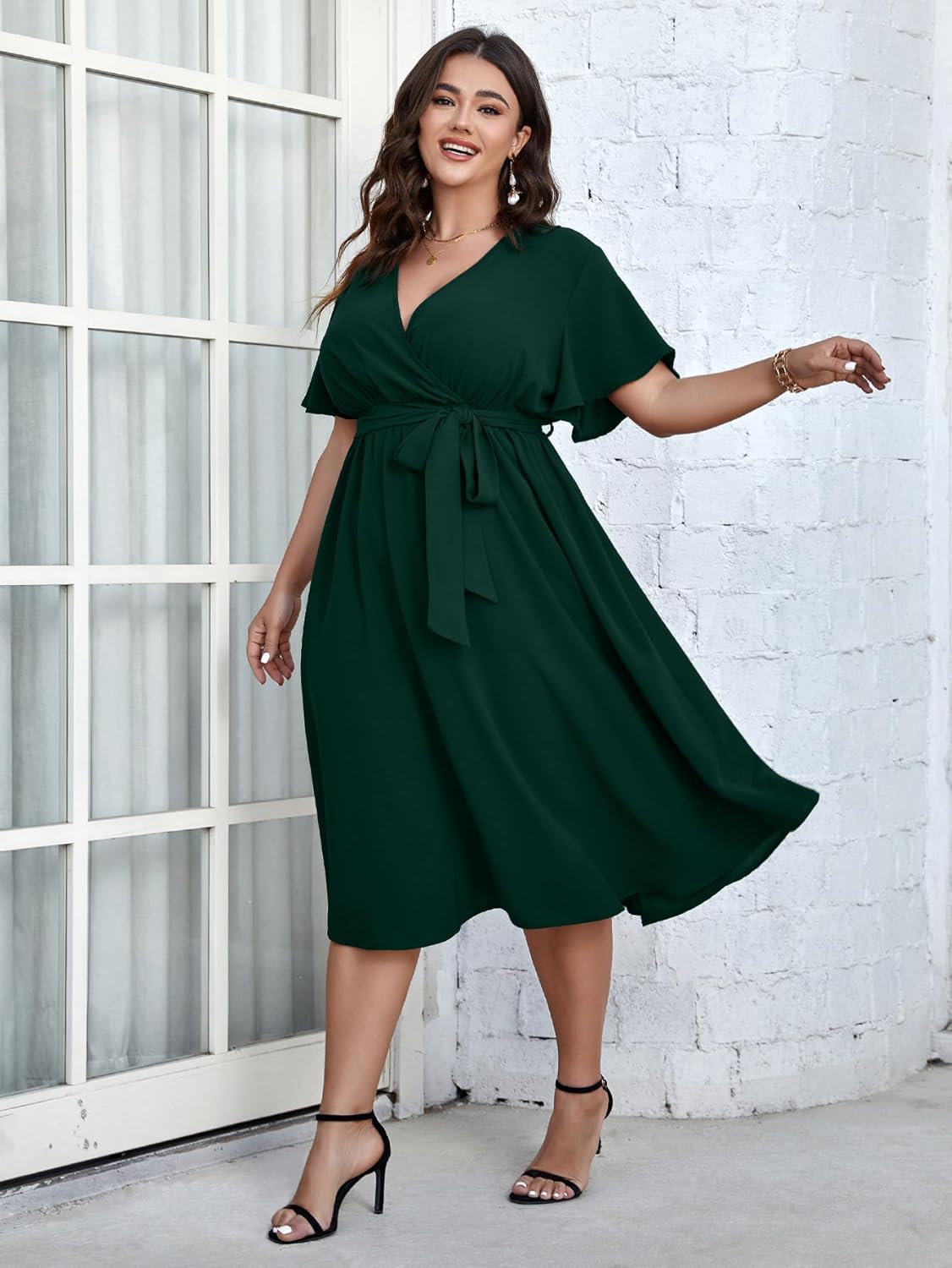 SCOMCHIC Womens Plus Size Wedding Guest Cocktail Midi Dress Summer Short Sleeve Wrap V Neck Belted A-Line Flowy Dress - Image 5