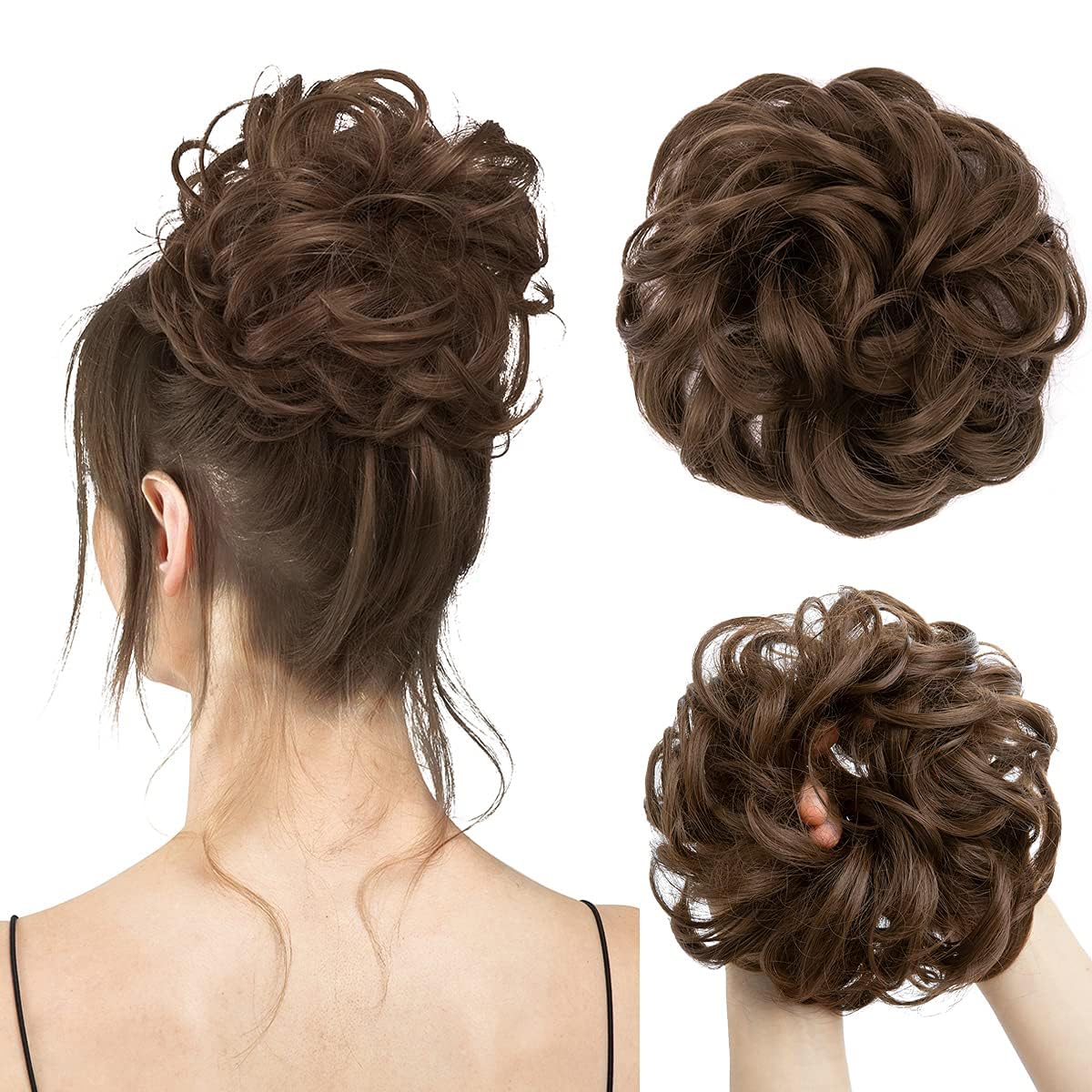 CJL HAIR Large Messy Bun Hair Piece Wavy Curly Scrunchies Synthetic Chignon Ponytail Hair Extensions Thick Updo Hairpieces for Women Medium Brown