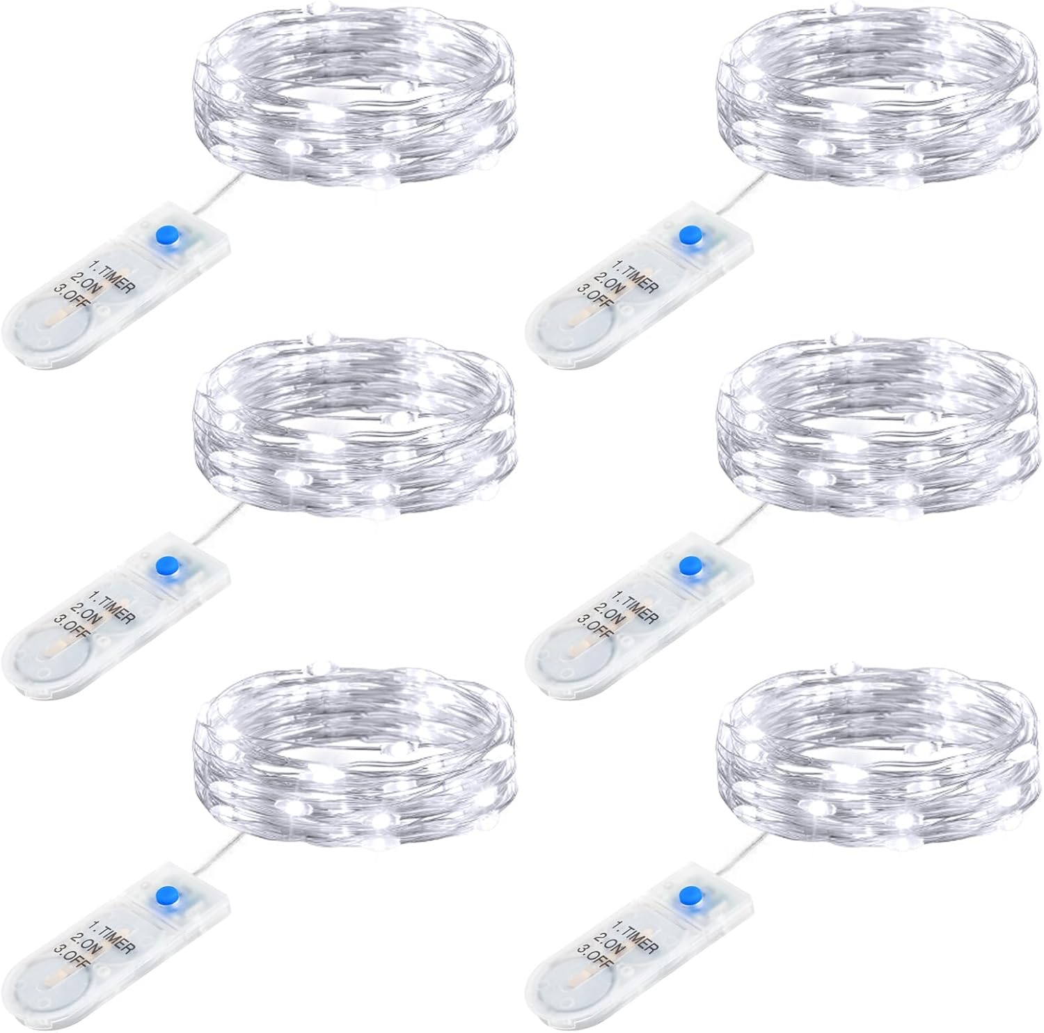 Minetom 6 Pack Fairy Lights Battery Operated String Lights with Timer – 7ft 20 LED Waterproof Silver Wire Firefly Lights Waterproof for DIY Crafts Wedding Décor Table Mason Jars Party, White