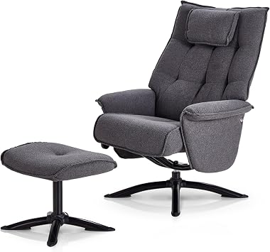 KHG Recliner Chair Grey Microfibre with Stool - High Back, Soft Neck Cushion & Folding Backrest, Seat Height Approx. 47 cm, Freely Adjustable in the Room, Metal Star Foot Frame, Ideal for Relaxed