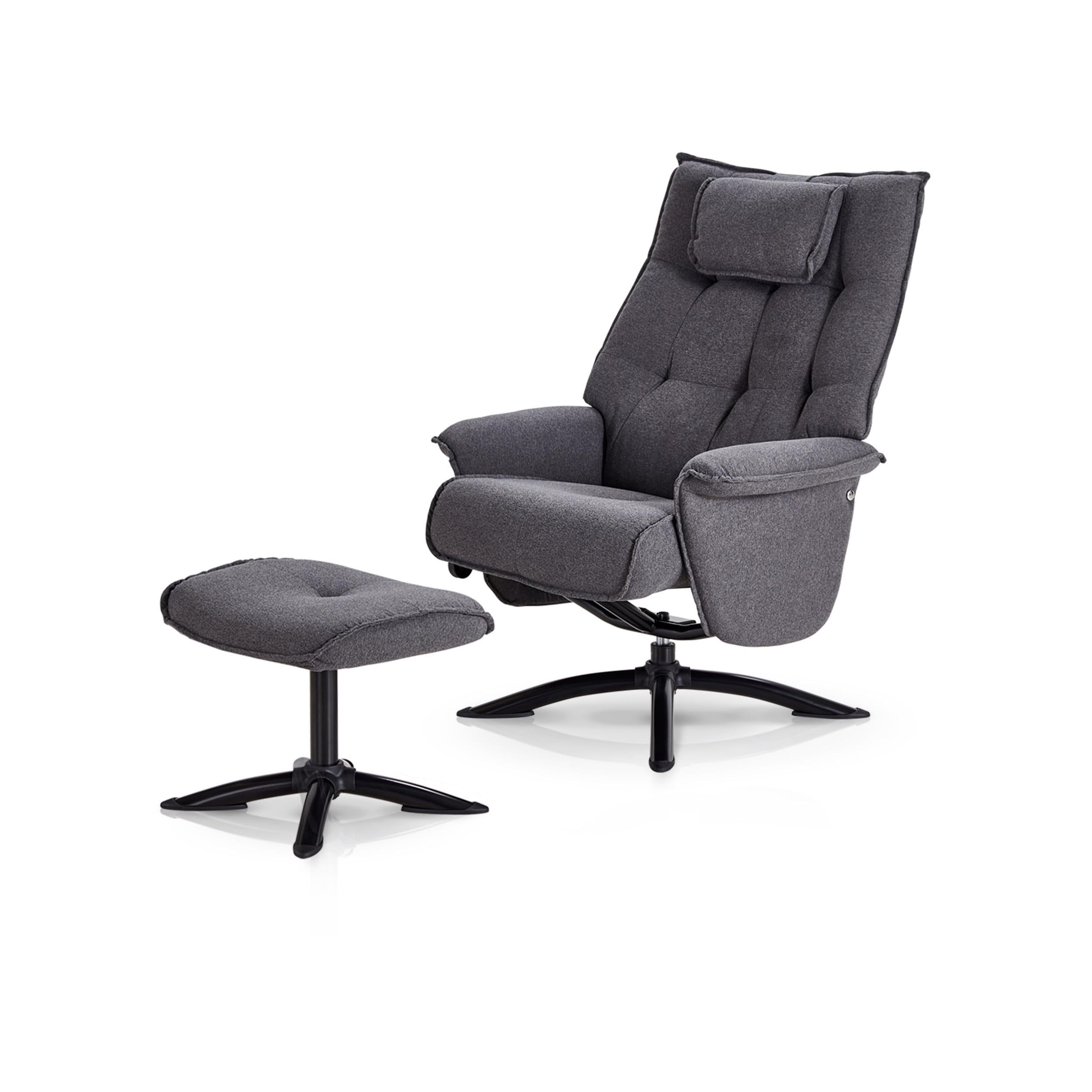 KHG Relaxsessel Grau Mikrofaser mit Hocker - hoher Rücken, weiches Nackenkissen & klappbare Lehne, Sitzhöhe ca. 47 cm, frei im Raum stellbar, Metall-Sternfußgestell, ideal für entspannte Momente