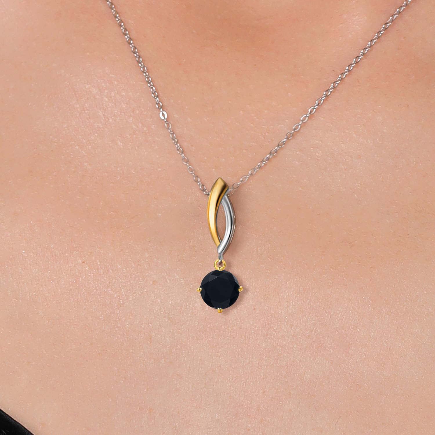 Gem Stone King 925 Silver and 10K Yellow Gold Black Onyx Pendant Necklace for Women | 0.80 Cttw | Gemstone December Birthstone | Round 6MM | With 18 Inch Silver Chain - Image 3