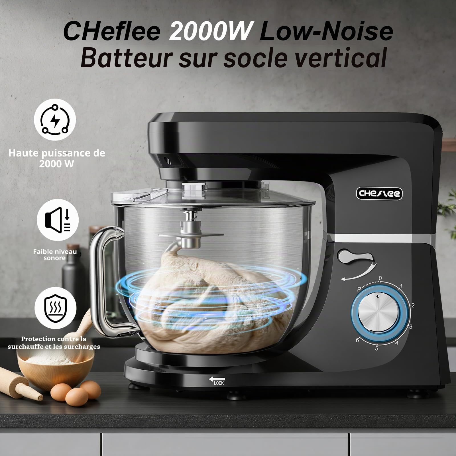 CHeflee Robot Pâtissier 2000W Robot de Cuisine 8 L Bol d'Acier Inoxydable,6 Vitesses avec Fonction Pulse avec Fouet Crochet Pétrisseur et Batteur,Housse anti-Poussière