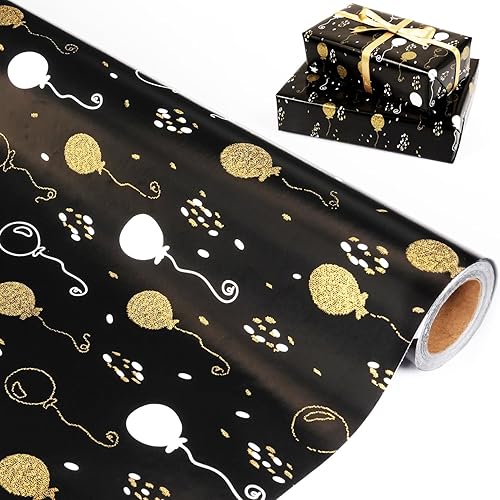 Rollo de papel de regalo de cumpleaños, papel de regalo negro mate y dorado para mujeres, hombres, niños y niñas, diseño de globo de lámina dorada,