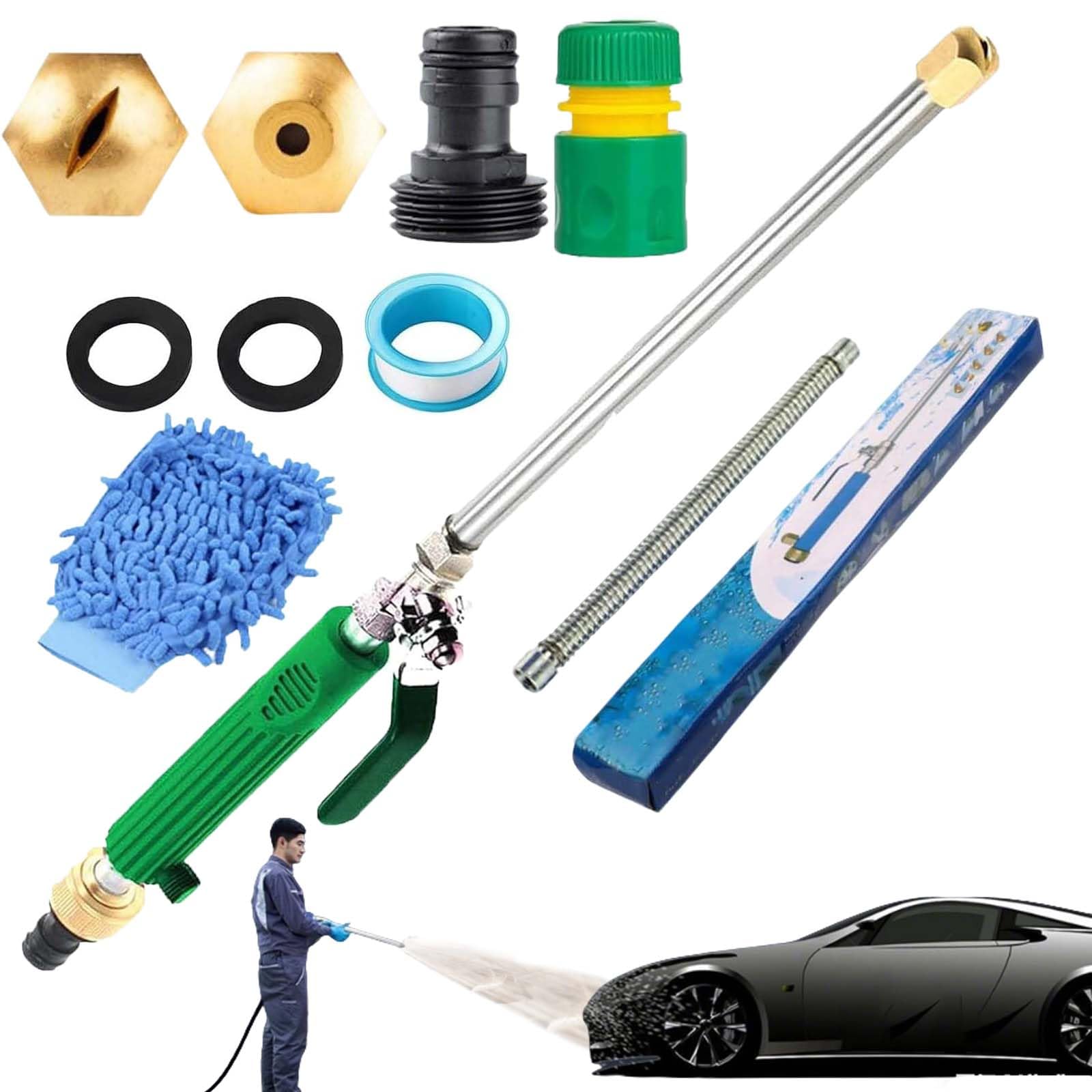 Jethose Hochdruckreiniger – 2-in-1 Hochdruck Wasserspritze mit 2 Düsen, Schnellkupplungen und Handschuhe für Gartenschläuche, Auto, Einfahrt und Terrasse (Grün)