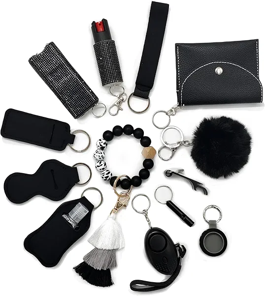 BATUMEYE Gift Keychain Set for Woman with Card Holder, Wristlet Strap, Whistle, Travel Bottle Holder, Bottle Opener