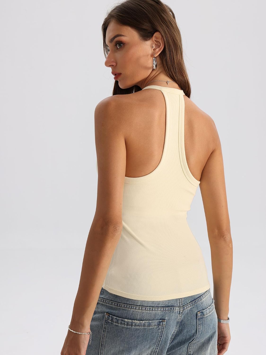 Danysu V Neck Racer Back Tank Top for Women Padded Ribbed Long Tank Fitted Basic Cami Tops thumbnail