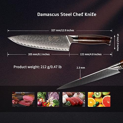 Miniatura 17 de YARENH Cuchillo de chef profesional, 7 pulgadas, 73 capas de acero inoxidable de damasco, mango de sándalo natural de espiga completa, con caja