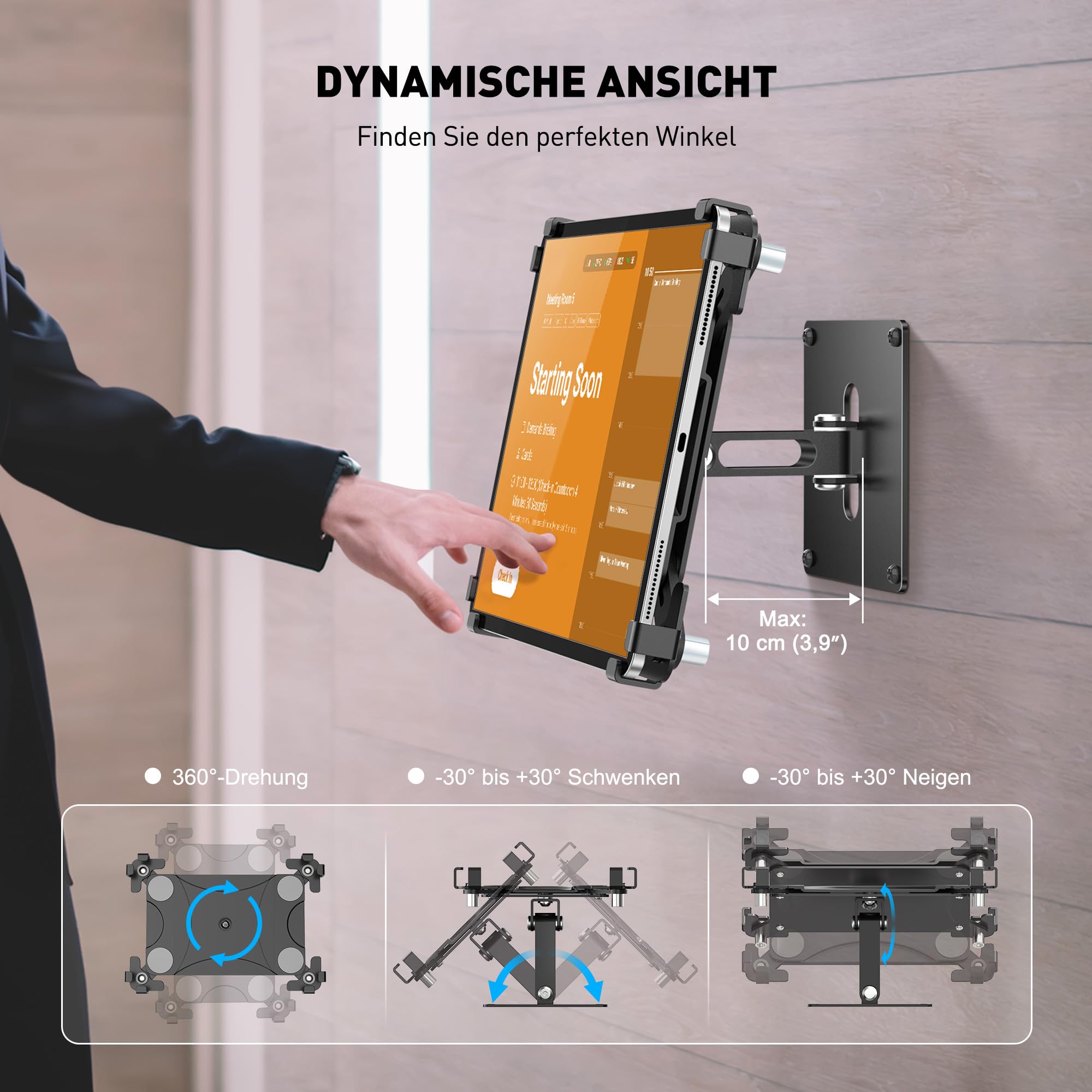 AboveTEK Universelle Tablet-Wandhalterung, Anti-Diebstahl mit abschließbarem Gehäuse, für 9,7"–13" Tablets, Robustes Aluminium, ideal für POS, 360° dreh- & neigbare VESA-Halterung-Schwarz