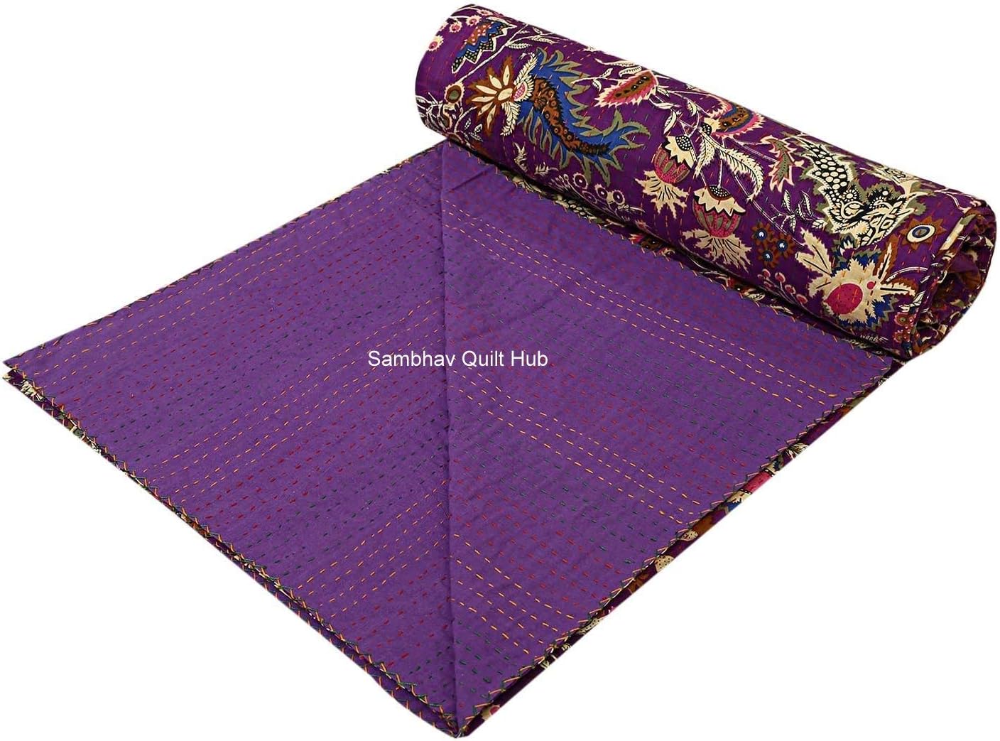 Purple Mukut Print Cotton Handmade Patchwork Quilted Blanket Indian Mukut Cotton Spread Kantha Floral Print Work Bohemian Bed Decor Block Throw Blanket Twin/King/Queen (60X90 inch)