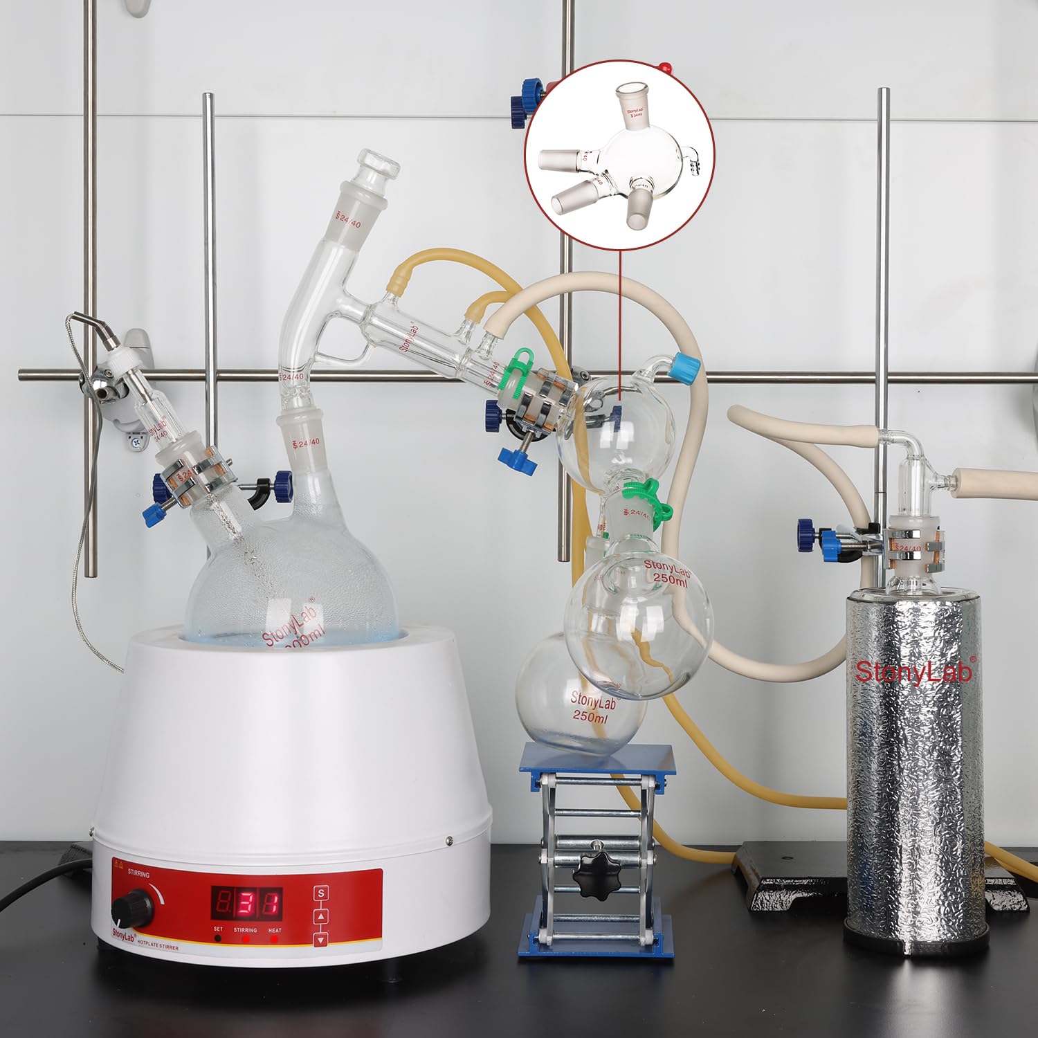 stonylab Verre Distillation Récepteur, Vache Type Récepteur de Distillation en Verre Borosilicate avec Joints 24/40 et Connexion de Tuyau, Utilisé avec Short Path, 500 ml