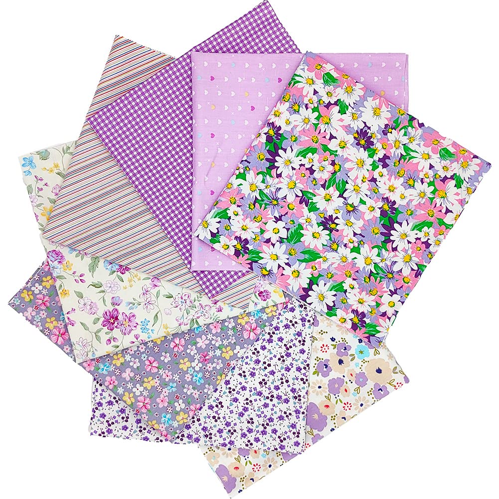 8 pcs/lot Fabric Bundles Top Cotton 19.69" x 19.69" (50cm x 50cm) Quilt, Pre-Cut Squares Sheets for Patchwork Sewing Quilting Crafting, Purple Floral.