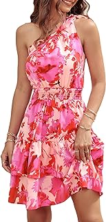 Women's Summer Tie One Shoulder Boho Floral Dress Elastic Waist Tiered Ruffle A Line Flowy Mini Dresses - Buy now