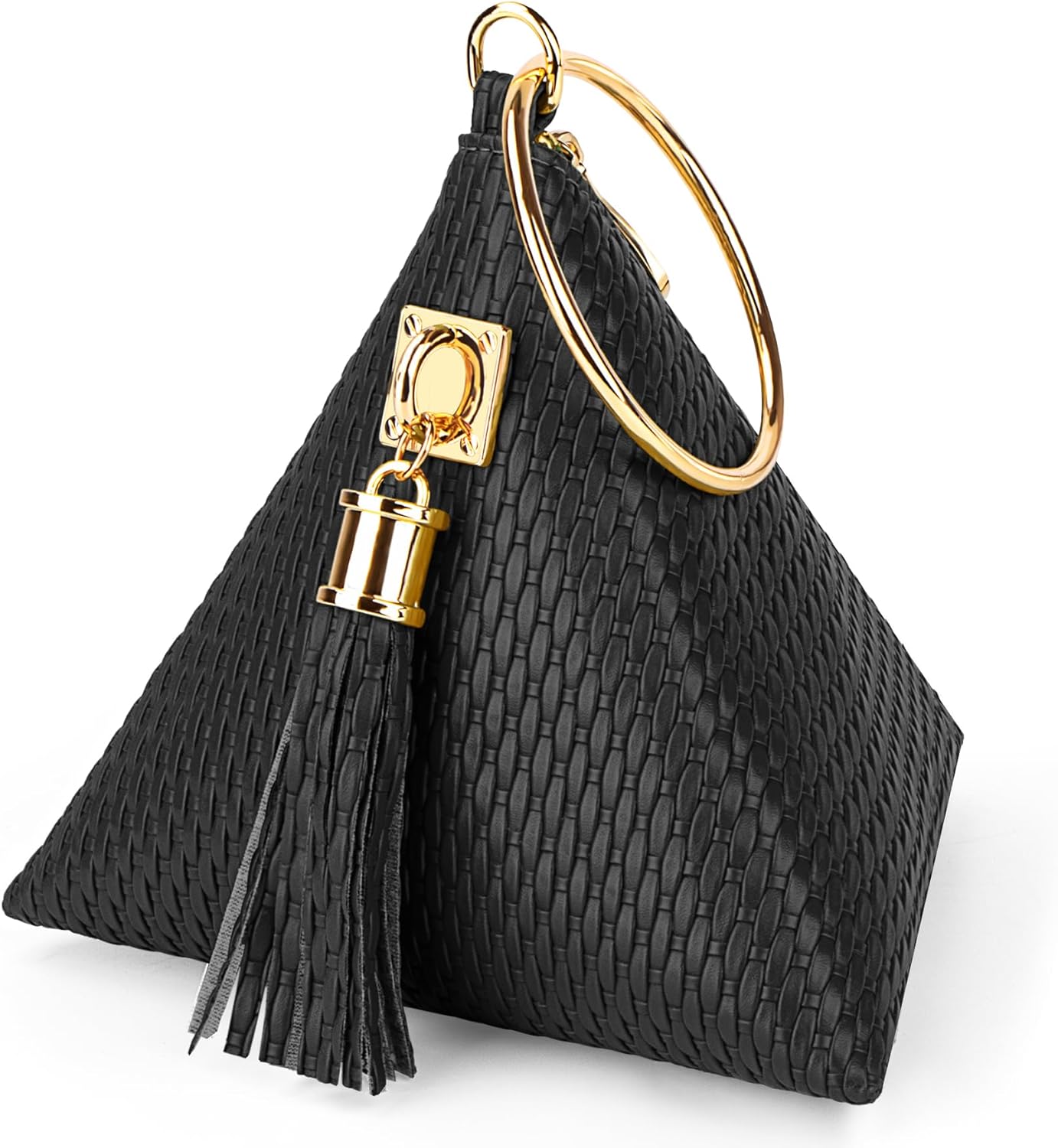 bvya Leather Triangle Wristlet Clutch Purse Handbag - Pyramid Evening Cocktail Wallet Tassel Charm