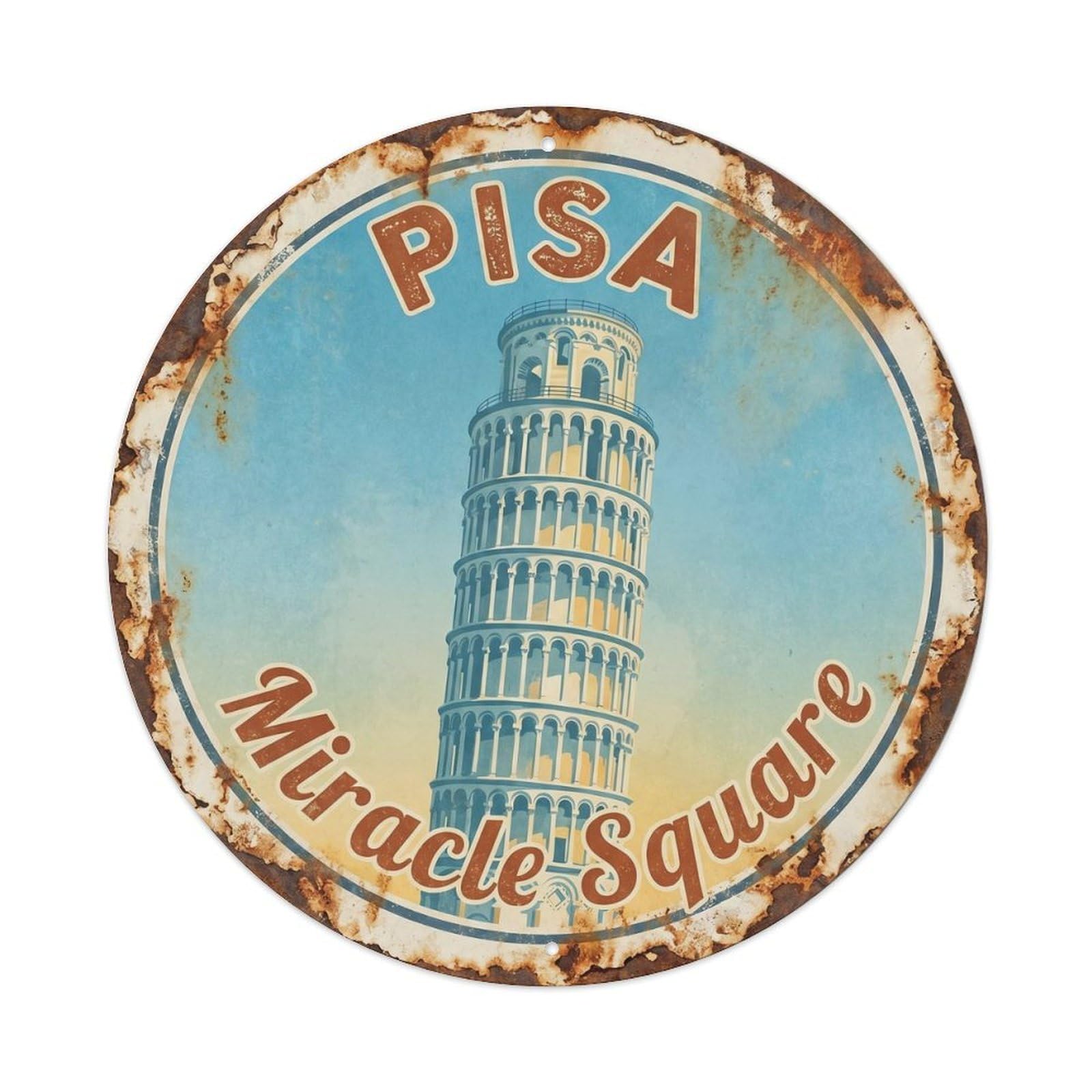 Vintage Travel Leaning Tower Pisa 1 Metal Tin Sign Plaque Wall Decor for Cafe, Club, Garden Round Metal Poster 8x8Inch