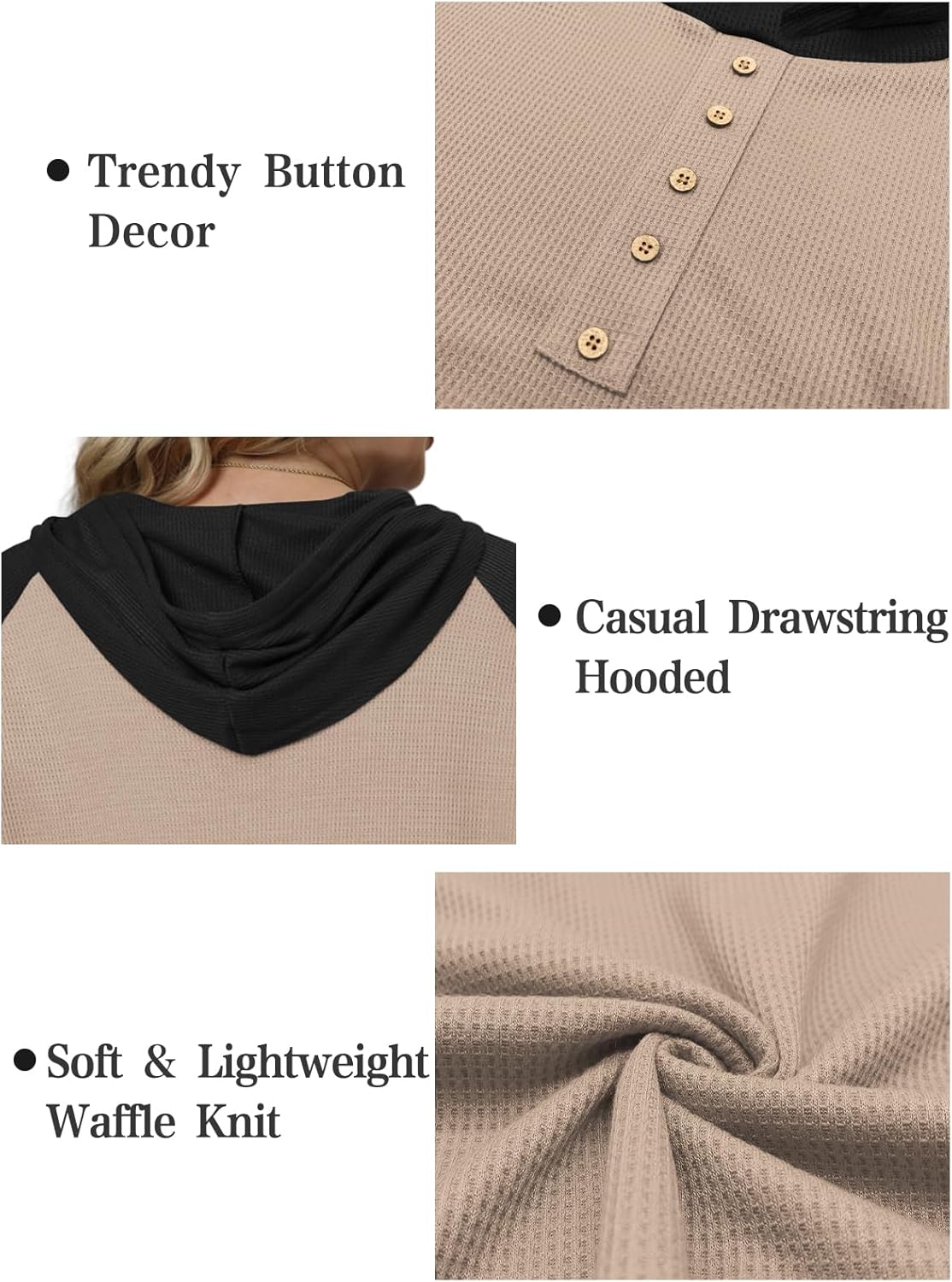 VISLILY Plus-Size-Hoodies for Women Trendy Color Block Tops Raglan Long Sleeve Drawstring Button Hooded Waffle Sweatshirts - Image 6